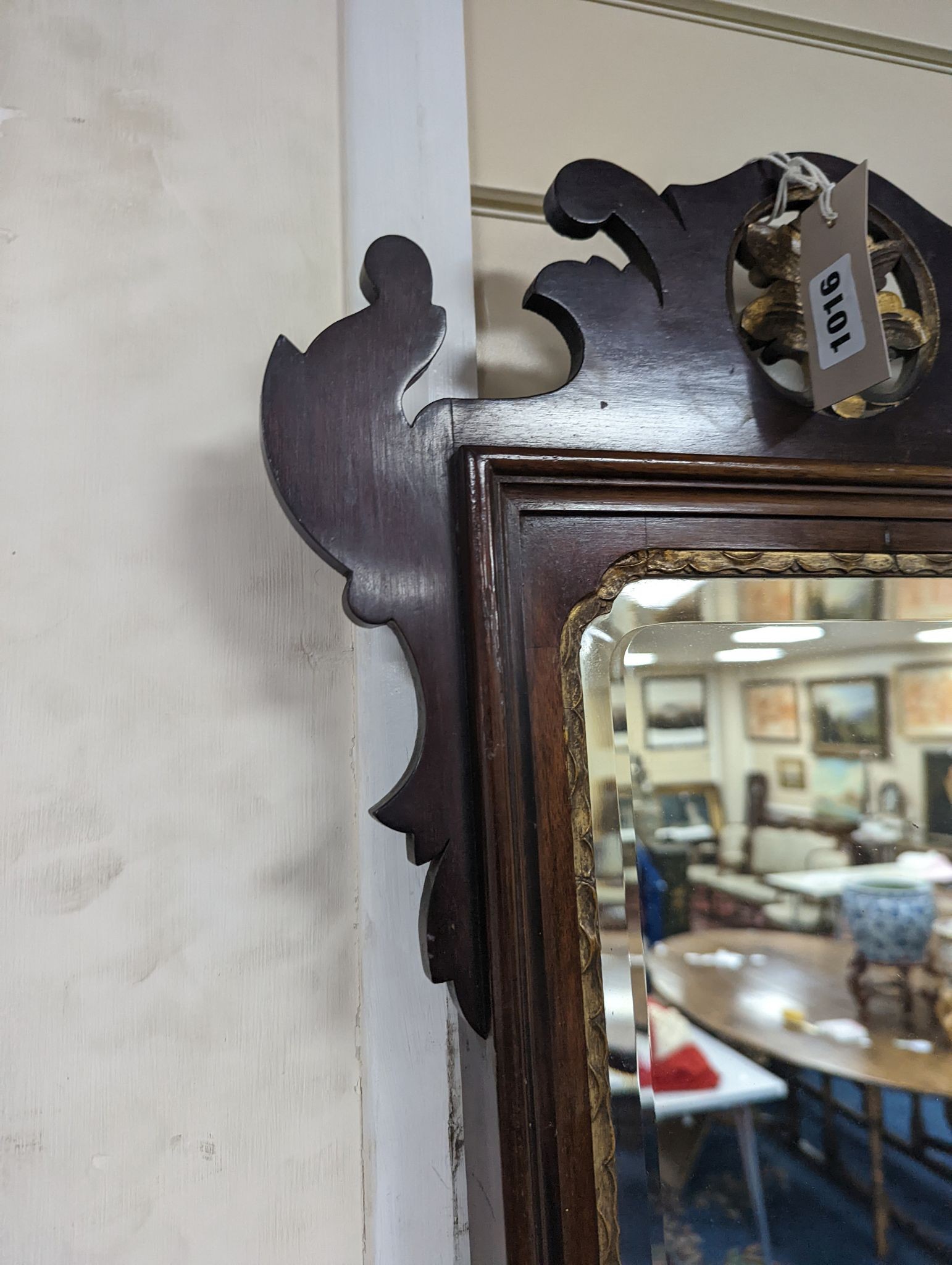 An Edwardian George III style mahogany fret cut triple plate overmantel mirror, width 116cm, height 86cm